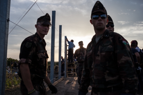 Fermeture frontière en Hongrie Röszke, Hongrie, 14 septembre 2015. La frontière est définitivement fermée. L'armée hongroise aidée par la police, installe les barbelés et accroche le grillage.