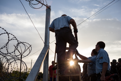 Fermeture frontière en Hongrie Röszke, Hongrie, 14 septembre 2015. La frontière est définitivement fermée. L'armée hongroise aidée par la police, installe les barbelés et accroche le grillage.
