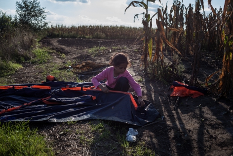 Children of Border Röszke, Hongrie, frontière Serbie-Hongrie, 12 septembre 2015. Une petite syrienne monte une tente pour passer la nuit dans le camp de Röszke.